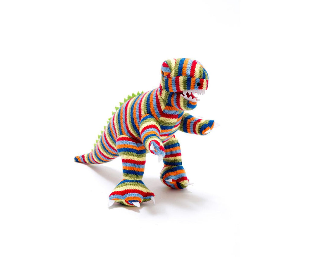 T-Rex Dinosaur Plush Toy Knitted Rainbow Stripe