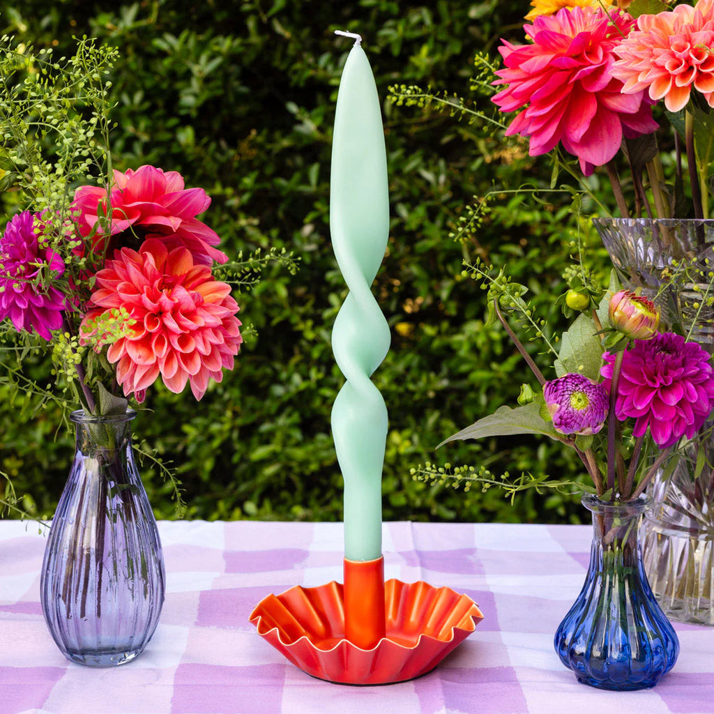 Scalloped Orange Metal Candlestick Holder