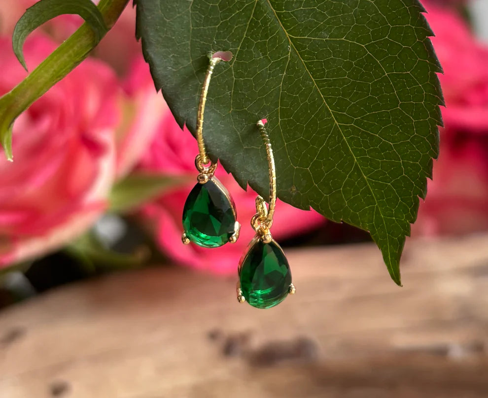 14ct Gold Plated Green Glass Drop Earrings