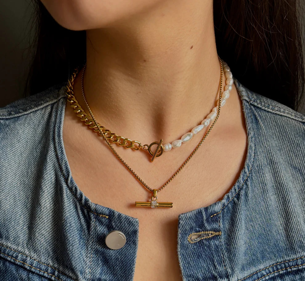 14ct Gold Plated Cubic Zirconia T Bar Necklace