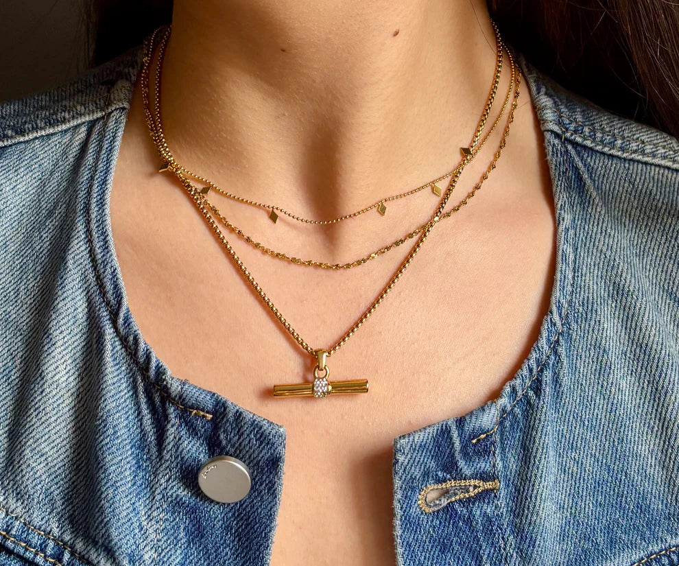 14ct Gold Plated Cubic Zirconia T Bar Necklace