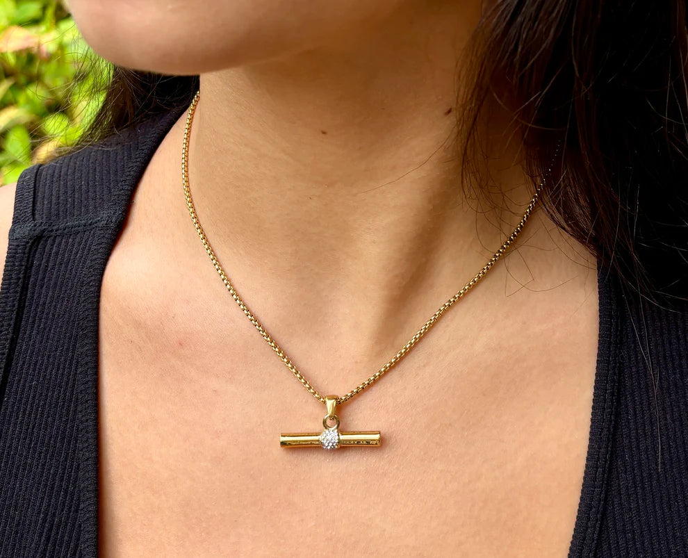 14ct Gold Plated Cubic Zirconia T Bar Necklace