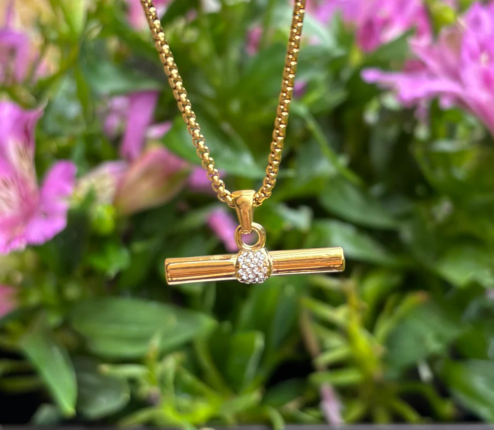 14ct Gold Plated Cubic Zirconia T Bar Necklace
