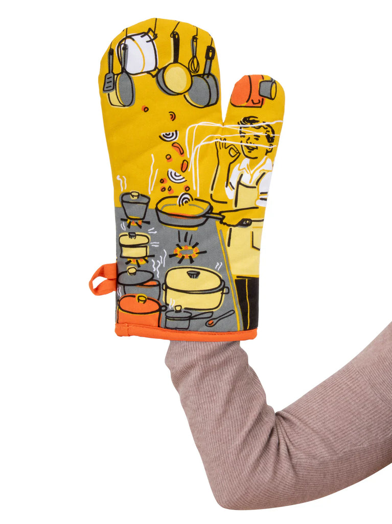 Man with A Pan Oven Mitt