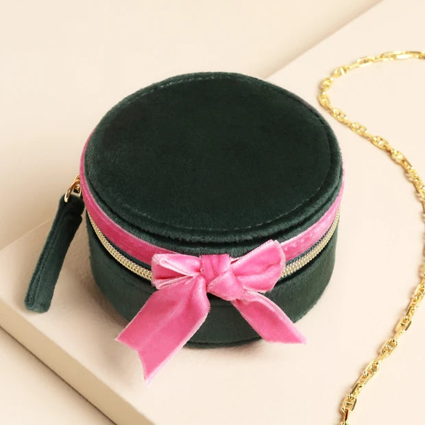 Green & Pink Velvet Mini Bow Round Jewellery Case