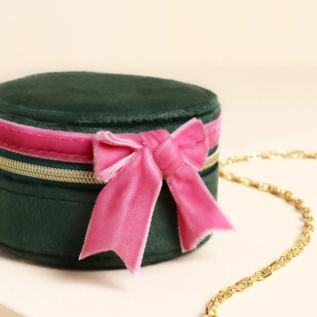 Green & Pink Velvet Mini Bow Round Jewellery Case
