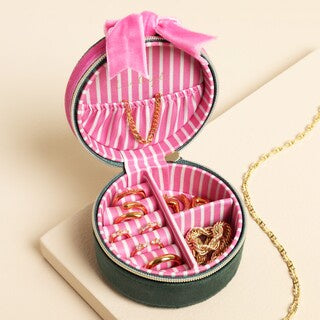 LA Green & Pink Velvet Mini Bow Round Jewellery Case