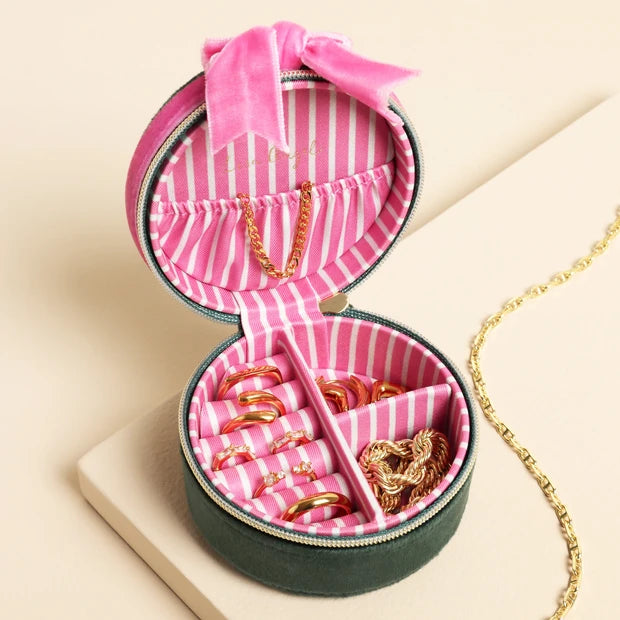 Green & Pink Velvet Mini Bow Round Jewellery Case