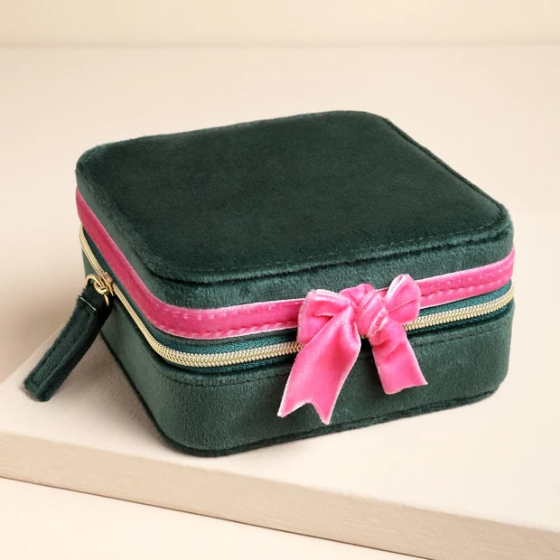 Green & Pink Velvet Bow Square Travel Jewellery Case