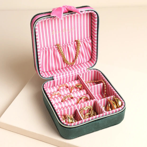 Green & Pink Velvet Bow Square Travel Jewellery Case