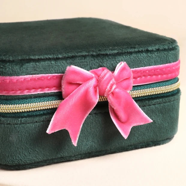 Green & Pink Velvet Bow Square Travel Jewellery Case