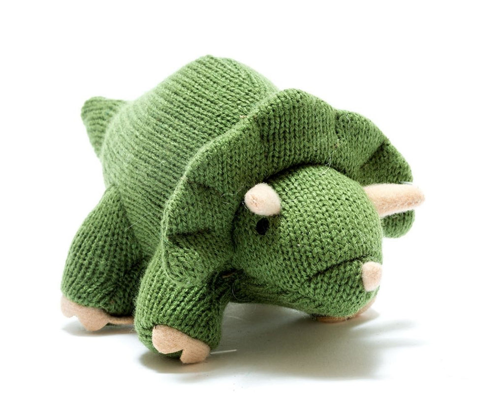 Knitted Moss Green Triceratops Dinosaur Baby Rattle