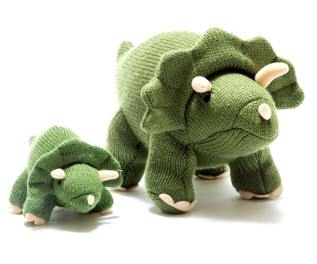 Knitted Moss Green Triceratops Dinosaur Baby Rattle