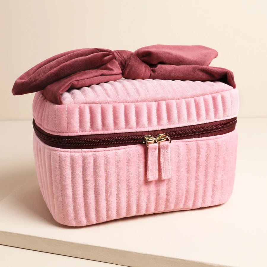 Large Vanity Pink & Burgundy Velvet Bow Make Up Bag