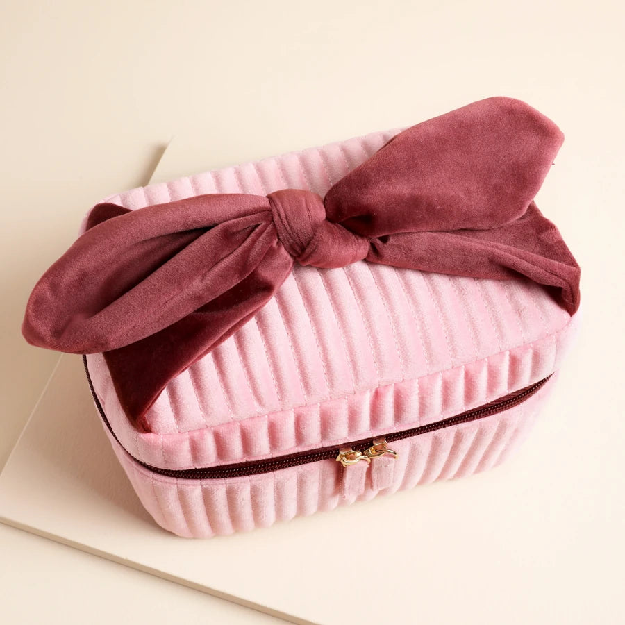 Large Vanity Pink & Burgundy Velvet Bow Make Up Bag