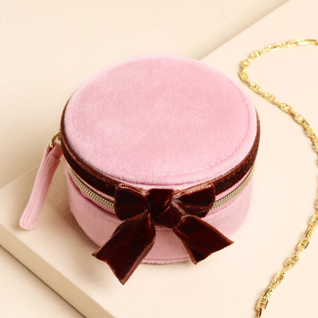 Pink and Burgundy Ribbon Round Jewellery Case
