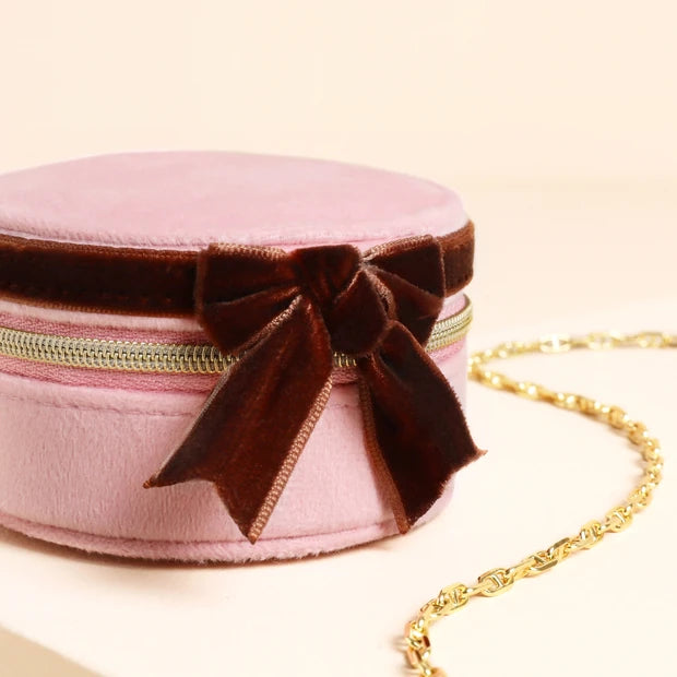 Pink and Burgundy Ribbon Round Jewellery Case
