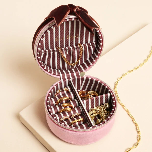 Pink and Burgundy Ribbon Round Jewellery Case