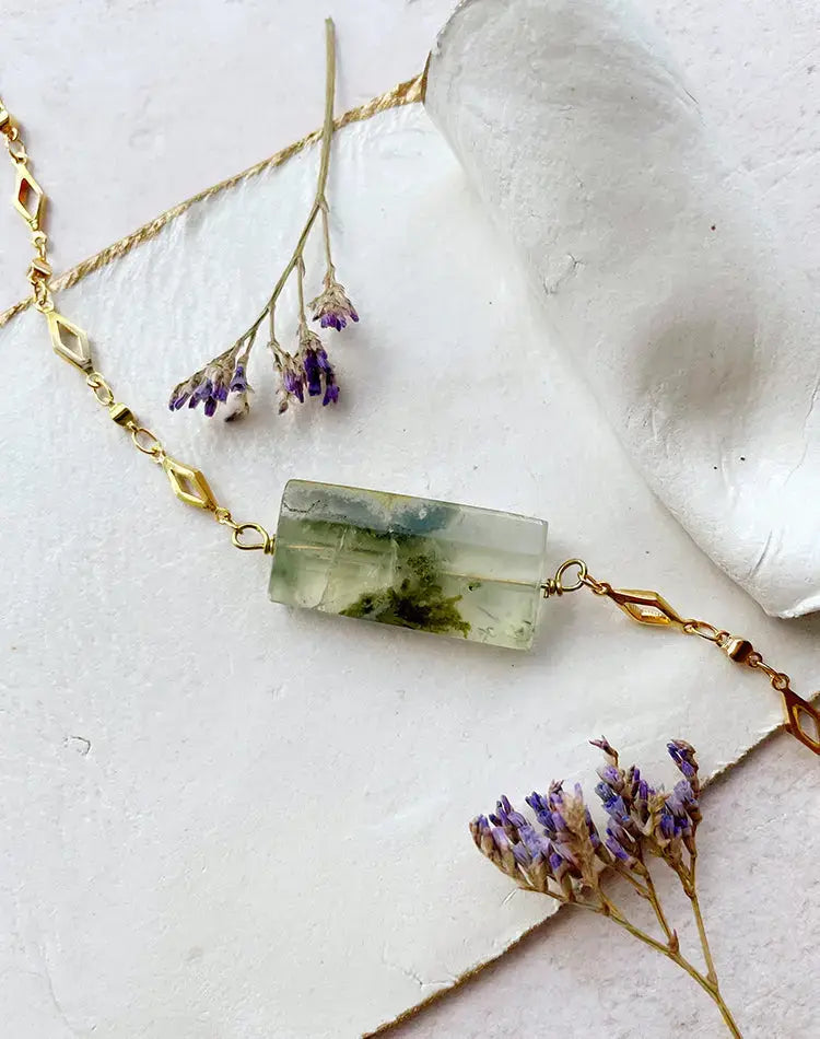Prism Necklace Prehnite and Gold Diamond Link Chain