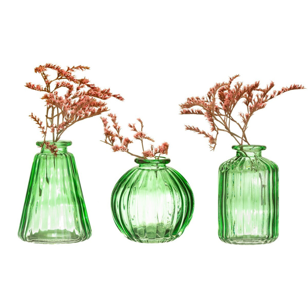 Set /3 Bud Vases Green Glass