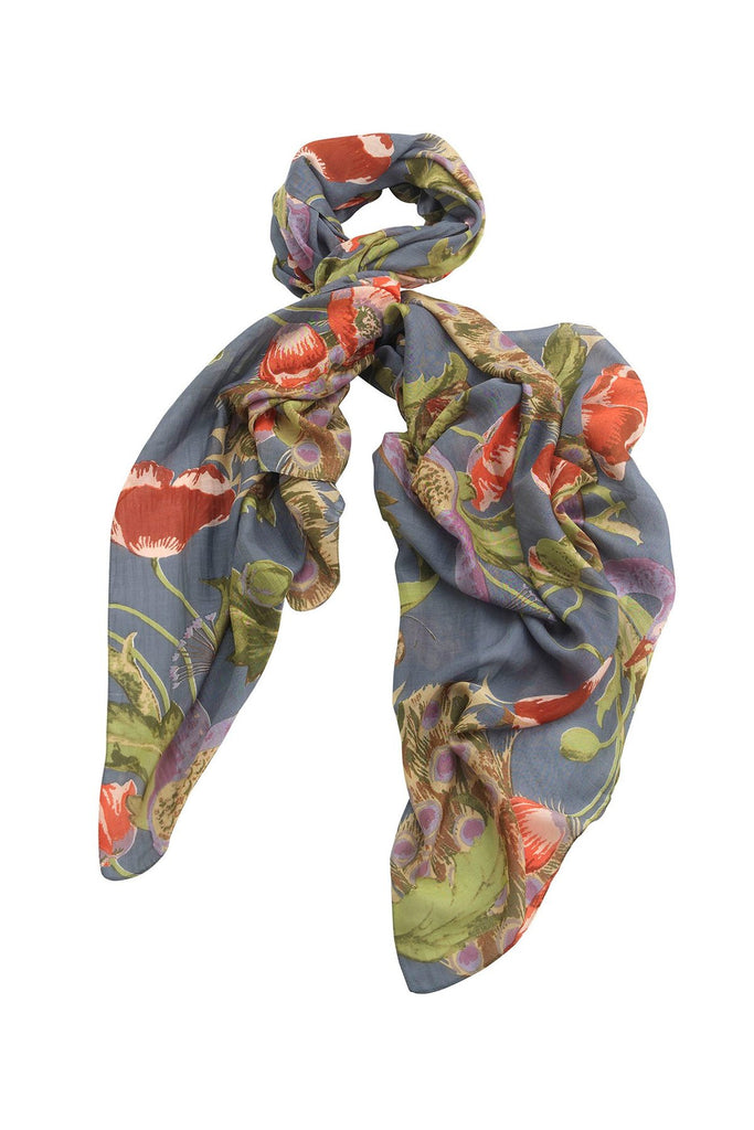 Scarf Peacock & Poppies Gry