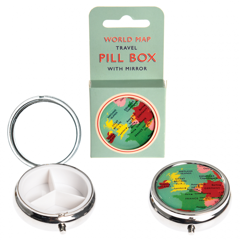 World Map Travel Pill Box with Mirror