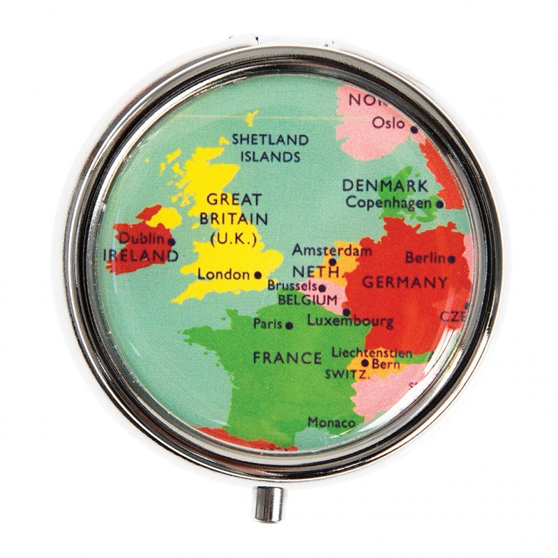 World Map Travel Pill Box with Mirror